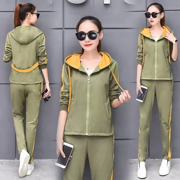 

suit 2017 autumn new Hood stylish two-piece clothes women hoodies sweatshirt pants casual plus size clothes zip up clothing set