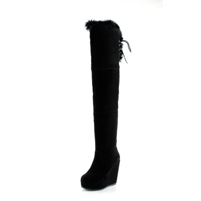 Chainingyee/зимние теплые сапоги выше колена женские сапоги для верховой езды на высоком каблуке с кроличьим мехом, на молнии, со шнуровкой, на платформе, желтого, черного, красного цвета - Цвет: black
