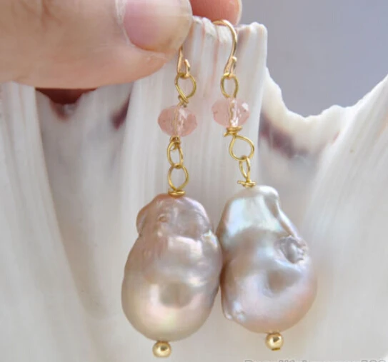 

Free shipping@@@@@ 20mm baroque purple keshi reborn pearl faceted pink crystal dangle earring 6.10