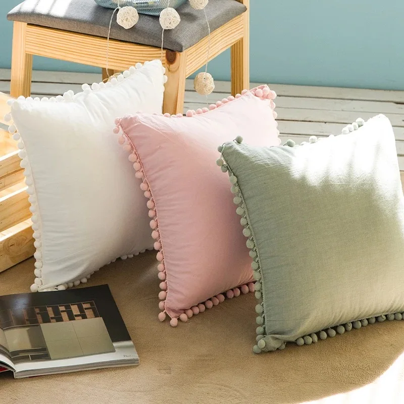 

Hnos Solid Pompom Cushion Cover Pillowcase 100% Cotton Decorative Bedroom Pillow Case For Sofa 1pc 45x45cm or 48x74cm