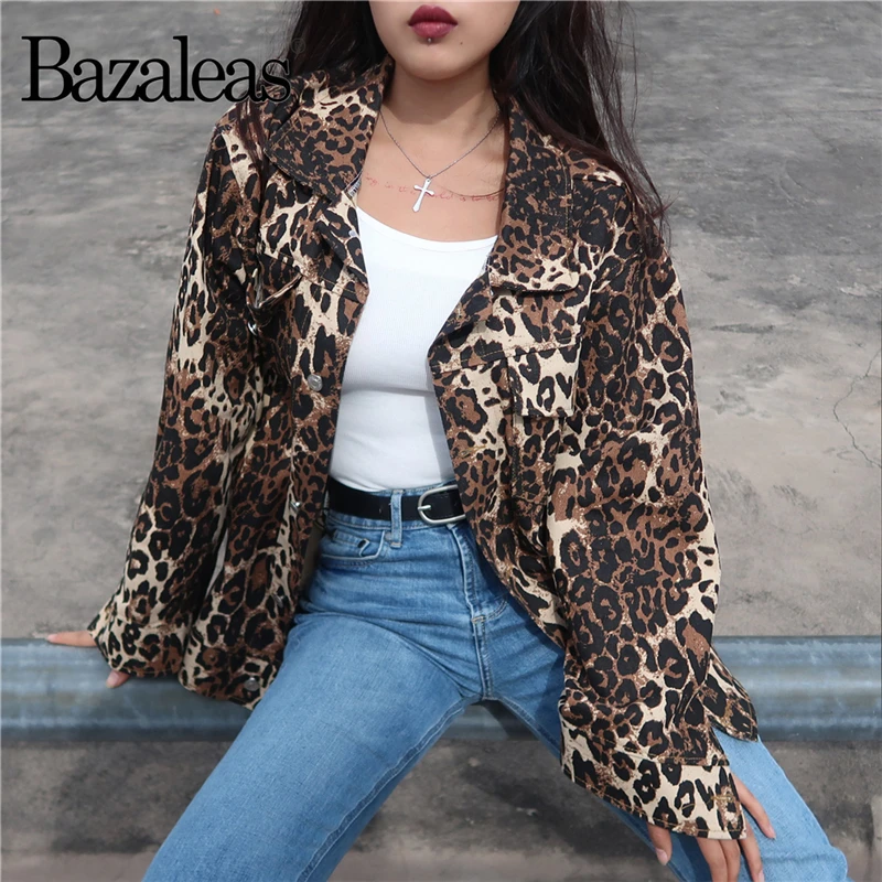 

Bazaleas harajuku Coat Leopard print women Long jacket Vintage Cotton Loose Button denim jacket Women Casual Outwear