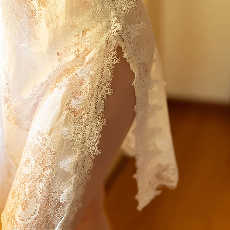 Sexy Mousse Deep V Nightgown Thong Sets Sexy Lace Sleep Wear Wedding Use Hollow Out Sleeveless Backless See Through Embroidery