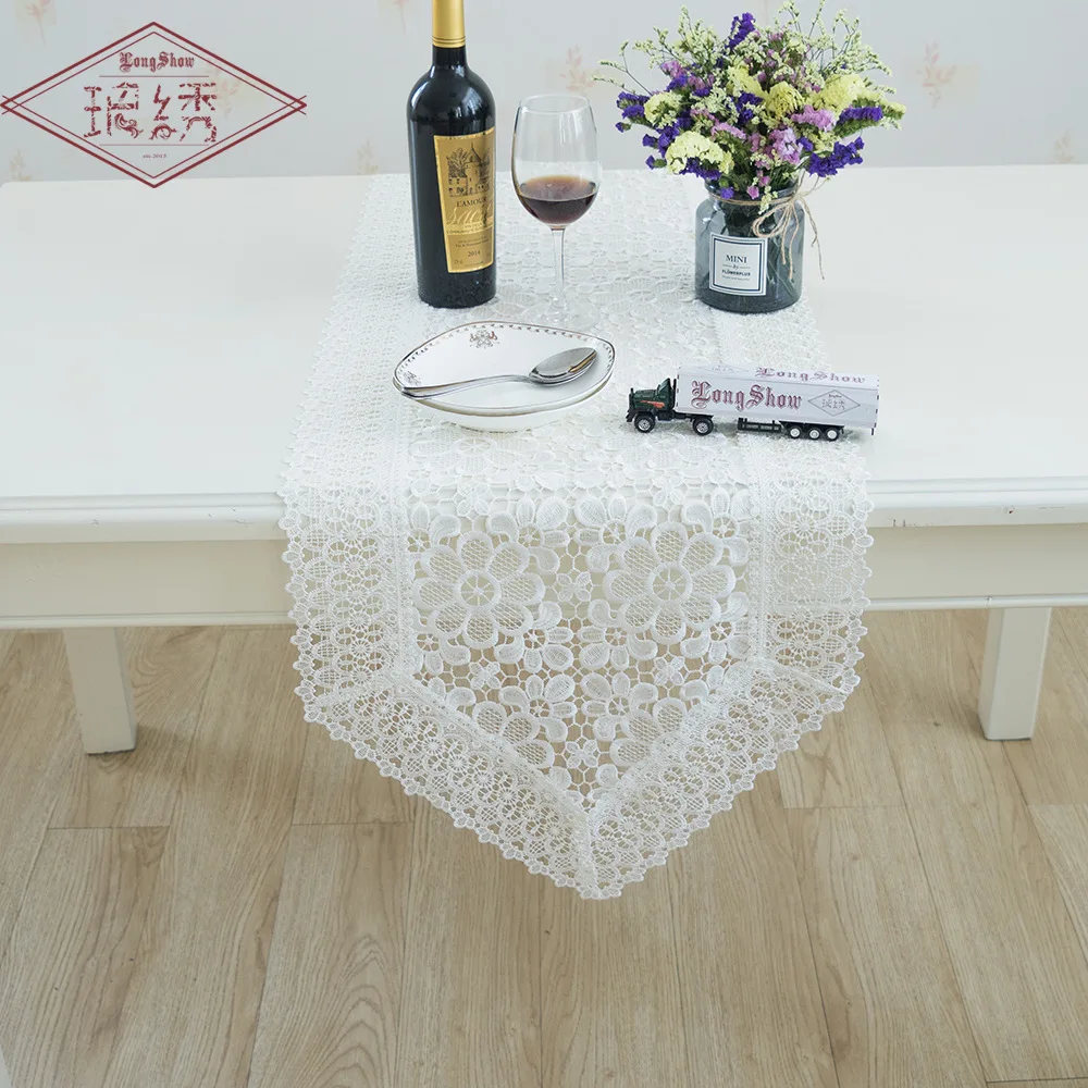 

Free Shipping New White Color Pure Floral Lace Embroidered Banquet Decorative Dinning Table Runner Home Decor Table Cloth Cover