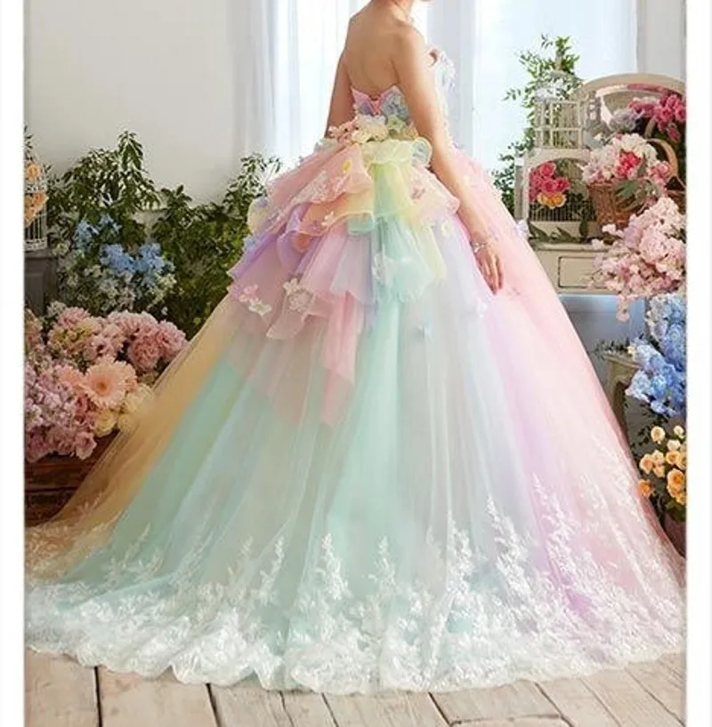 Симпатичные Красочные радужные вечерние платья кружева 3D Цветок Туту платья для выпускного вечера, любимая девушка с открытыми плечами оборками формальное платье