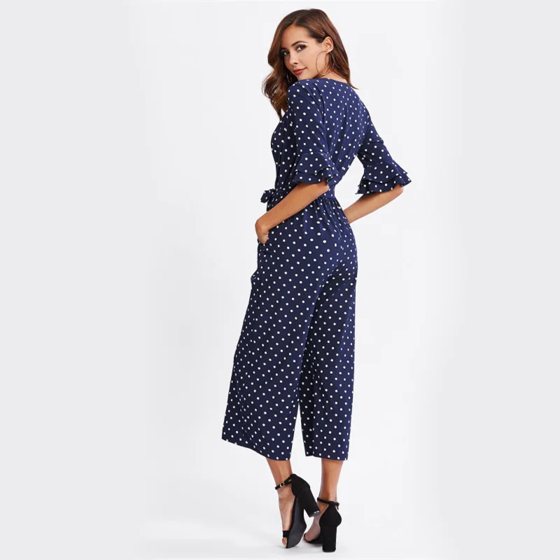 2018 Sexy Dot Jumpsuit Deep V Flare Sleeve Surplice Wrap Polka Half Sleeve Jumpsuit Women Elegant Vadim Romper Body Femme