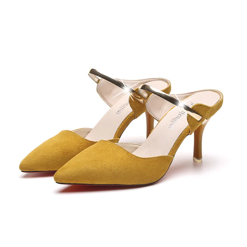 Женская обувь; желтые замшевые туфли на высоком каблуке с острым носком и ремешком на пятке; туфли-лодочки на Высоком толстом каблуке; осенние женские Вечерние туфли на каблуке