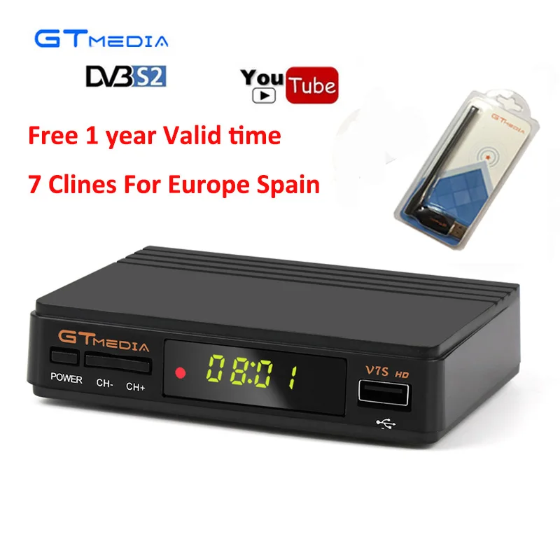 

cline for 1 year europe GTmedia V7S HD DVB-S2 Receptor Satellite Decoder 1080p HD youtube Powervu Satellite Receiver+V8 USB WIFI