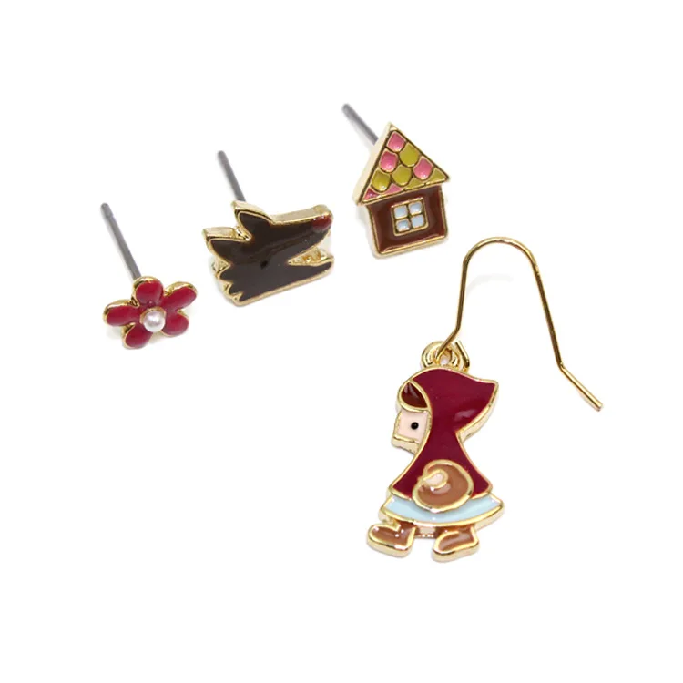 

Adorable Little Red Riding Hood Earrings Sets Enamel Gray Wolf Flower House Fairy Tale Design Fashion Jewelry