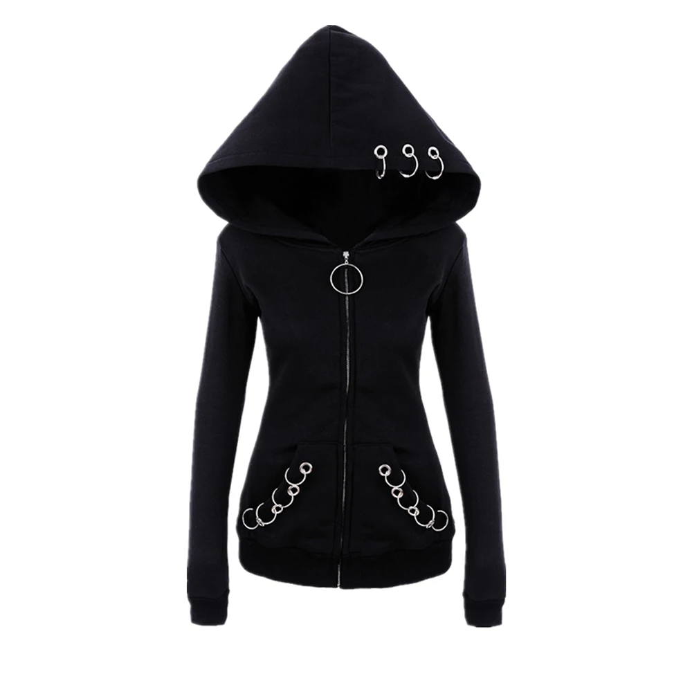

XUANCOOL Women Hoodies Long Gothic Punk Iron Rings Black Loose Hood Jacket Zipper Coat Casual Sweatshirt Tracksuit