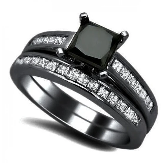 Diamonique Lady s 10Kt Black Gold Filled GF Square Black Crystal Stone CZ Pave Set Wedding