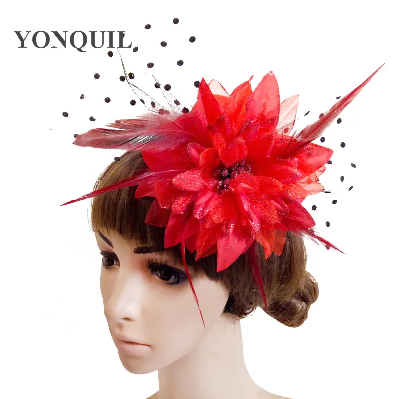 Women Girl Hair Clip Lace Feather Mini Top Hat Fascinators Fancy Party Dress Fabric Flower DIY Accessories 6 Colors FS81 | Свадьбы и