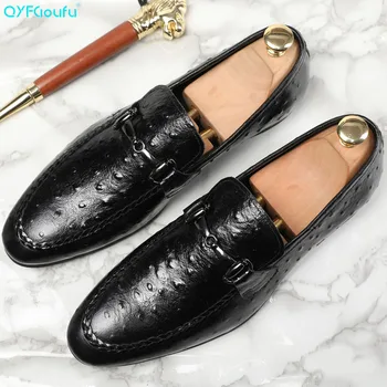 

QYFCIOUFU 2019 New Arrival Formal Man Dress Shoes Luxury Designers Genuine Leather Handmade Luxury Ostrich Pattern Casual Shoes