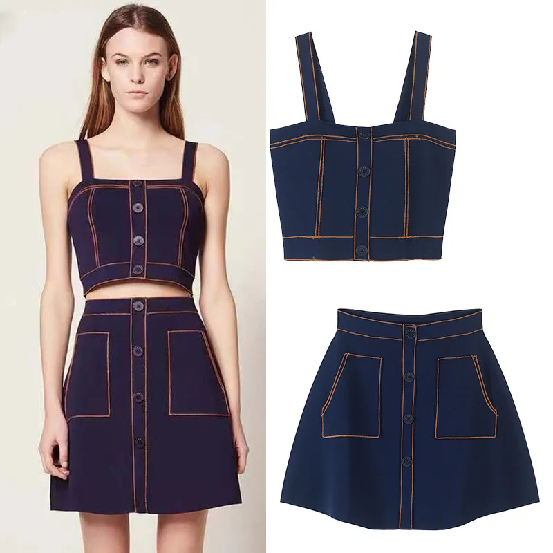 

Women Top and Skirt 2019 Early Spring Simple Camisole Denim Skirt