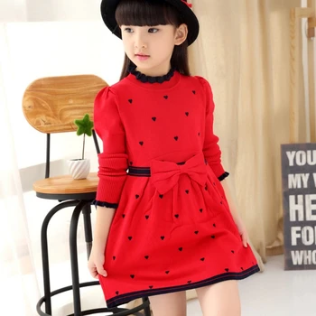 

Girls Heart Pattern Knitted Dresses Princess Sweater Knitwear Long Sleeve School Dresses Girls Bowtie Autumn Dot Dresses AA51776