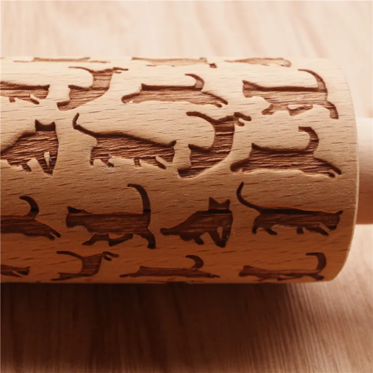 DIY Handmade Tools Cat Pattern Wooden Rolling Pin Laser Cut Kitchen Cake Decorating Chocolate Cookie Baking Noodle Accessories