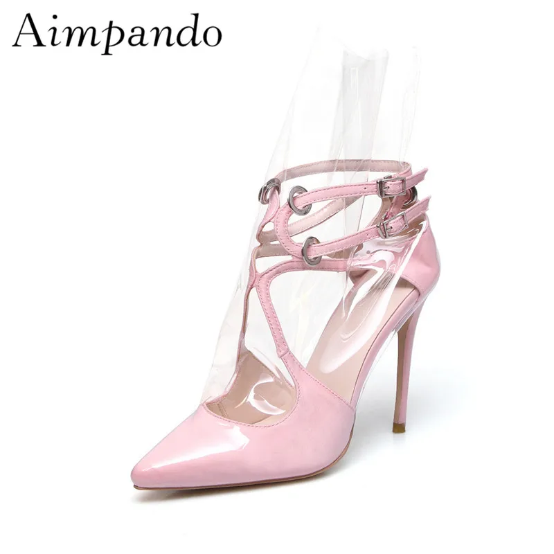 

New Summer Catwalk Sandalias Clear PVC Transparent Satin Cross Strappy Point Toe Thin Heels Women Sandals