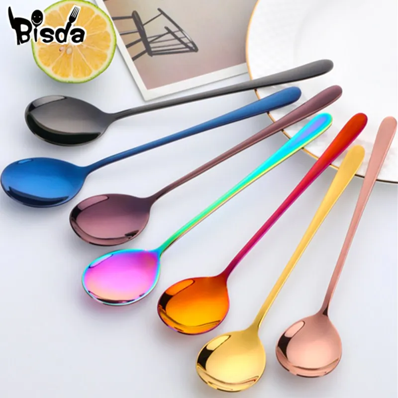

Colorful Table-spoon Mirror Stainless Steel Soup Spoon Long Handle Dessert Honey Ice Scoop Kitchen Gold Silver Rice Salad Spoons
