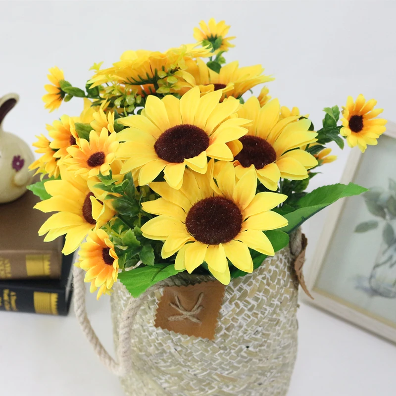 JAROWN Simulation Sunflower Bouquet Artificial Silk Fake Flowers For Home Office Tabletop Decor Wedding Decorations (2)