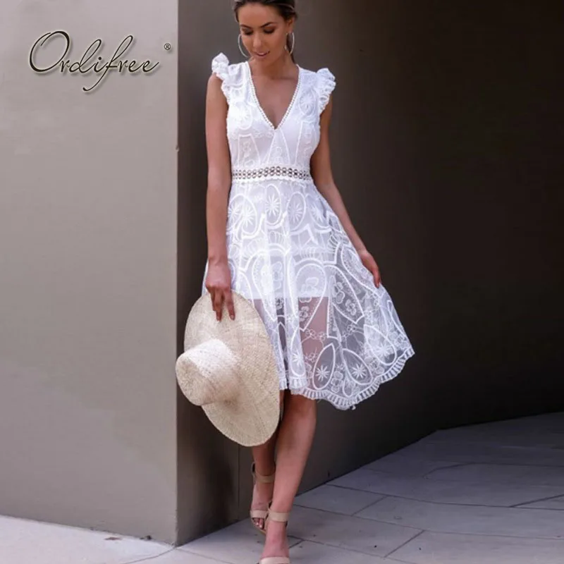 Comprar Ordifree 2019 verano vestido sin mangas de encaje blanco sin espalda cuello en V transparente negro Sexy Vestido de playa bata Mujer