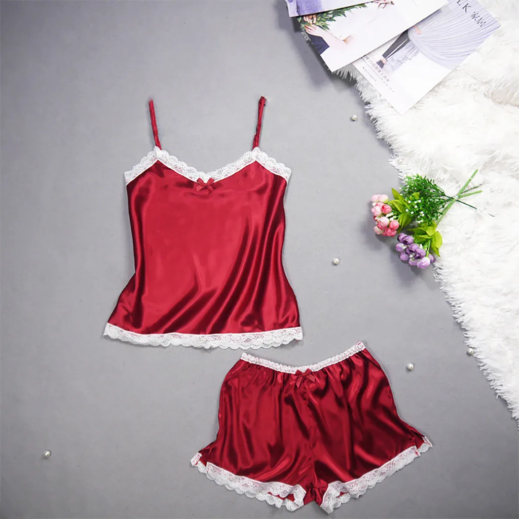 Womail Solid Color Lace Design Fashion Sleepwear Polyester Material Patchwork 2PC Set Sleeveless Underwear 19FEB20