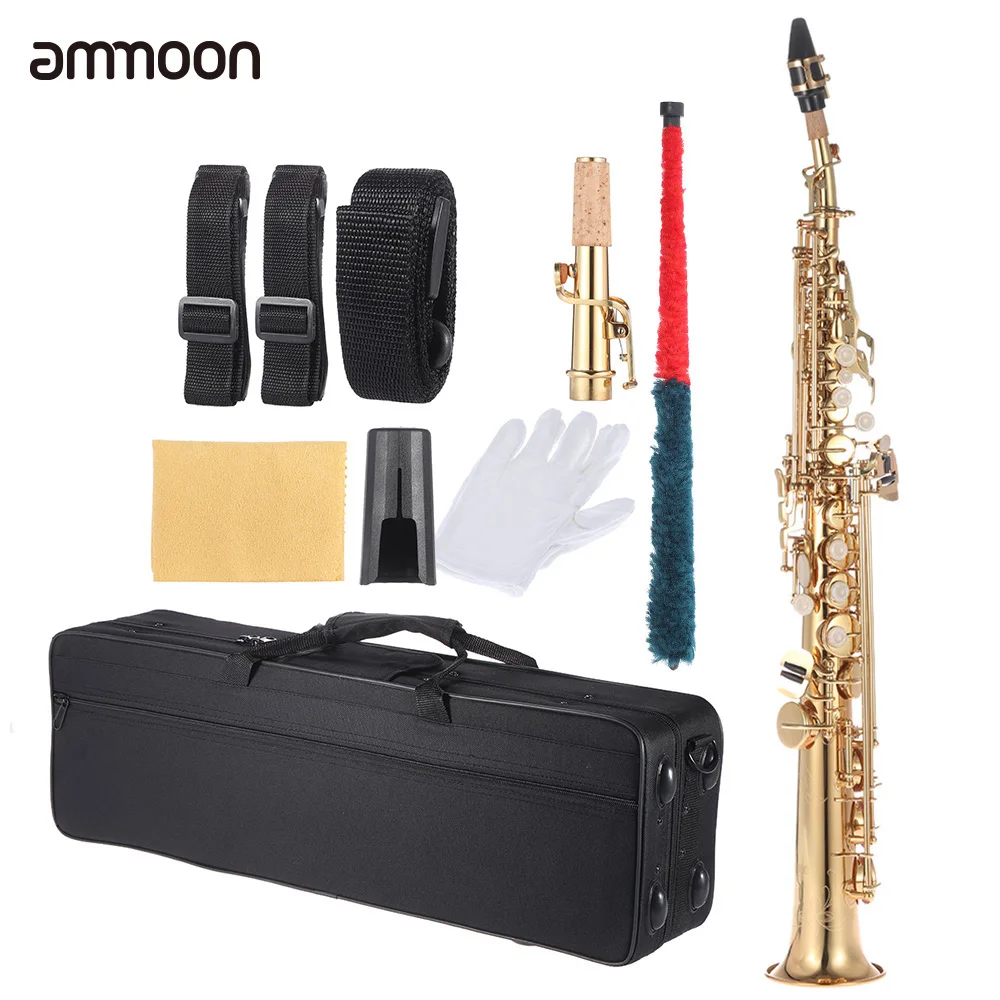 

ammoon Brass Straight Soprano Bb B Flat Sax Saxophone Woodwind Instrument Natural Shell Key Carve Pattern with Carrying Case