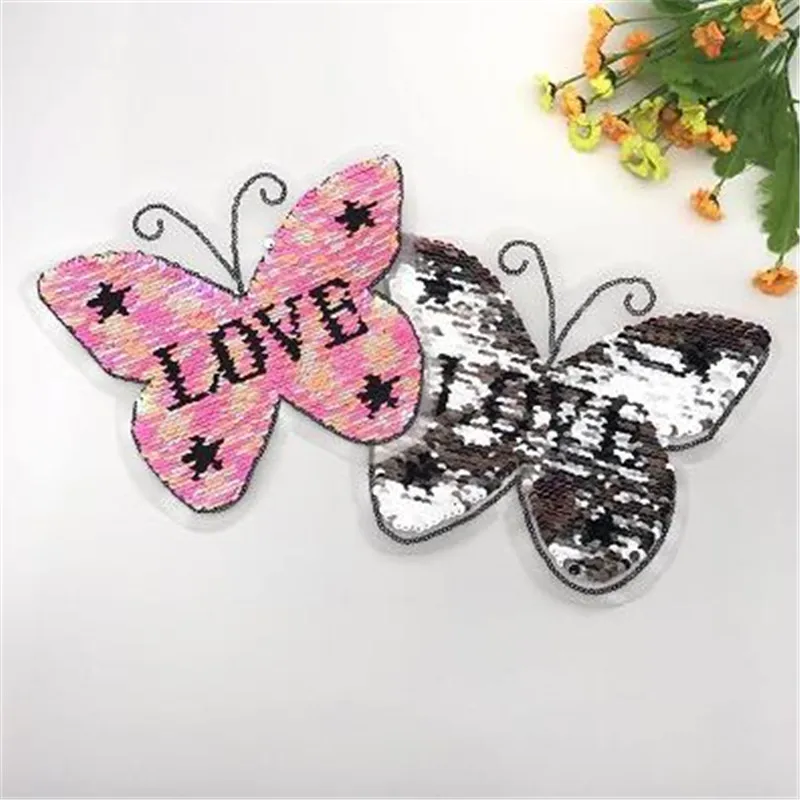 

T-shirt Girl Patch 22cm Butterfly LOVE flip the double sided Patches for clothing Reversible change color sequins T shirt Women