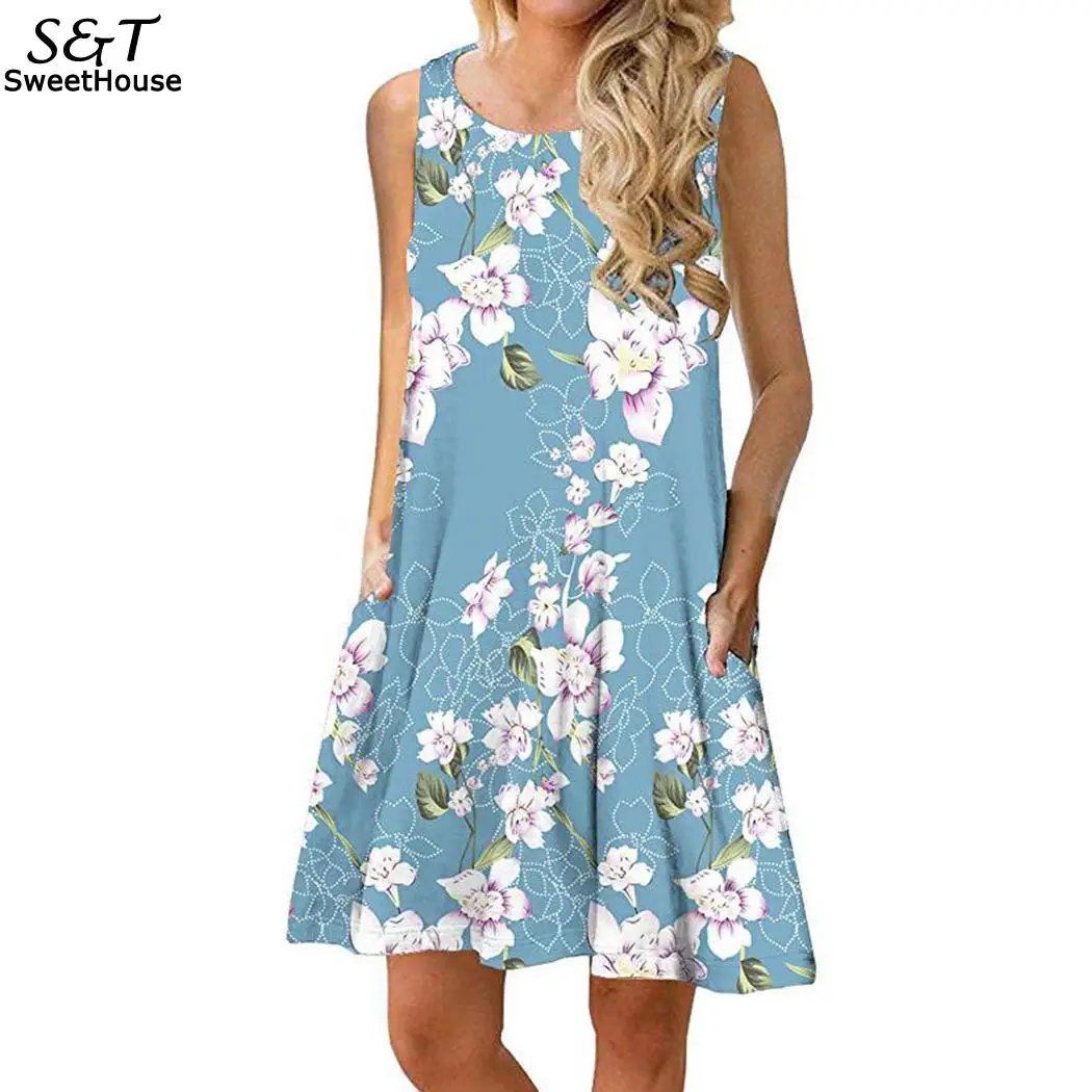 

FANALA Summer Casual O-Neck Sleeveless Floral Pockets Above Knee Loose A-line Silhouette Dress