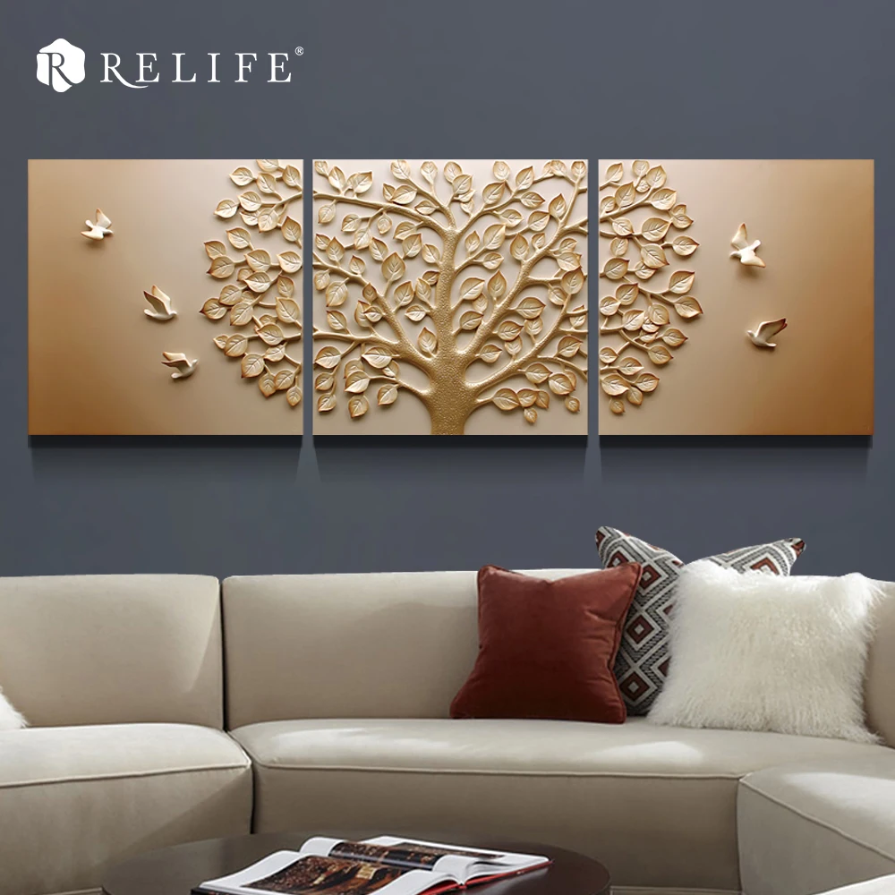 

3 Panel Combined Tree Carved Modern Decorative Triptych Paintings Room Wall Pictures for Bedroom