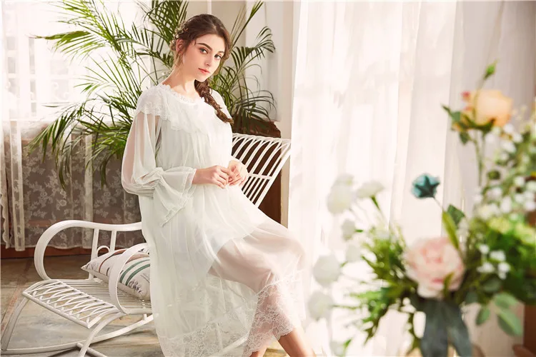 Long Sleeve Mesh Modal Night Dress Women