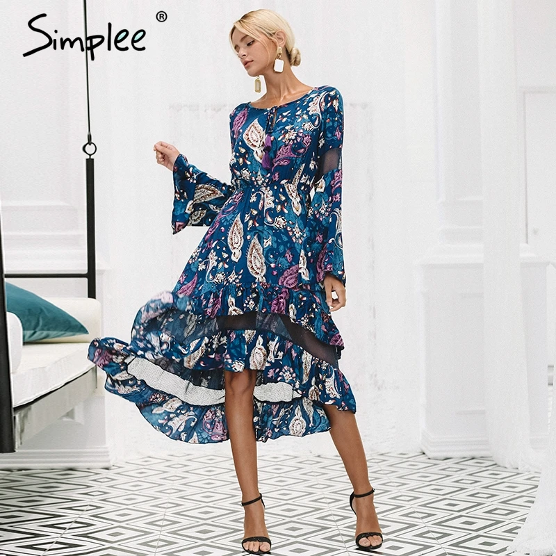 Simplee Ruffles print long dress women Mesh hollow out flare sleeve high waist dresses 2018 Autumn casual elegant dress Simplee Ruffles print long dress women Mesh hollow out flare sleeve high waist dresses 2018 Autumn casual elegant dress