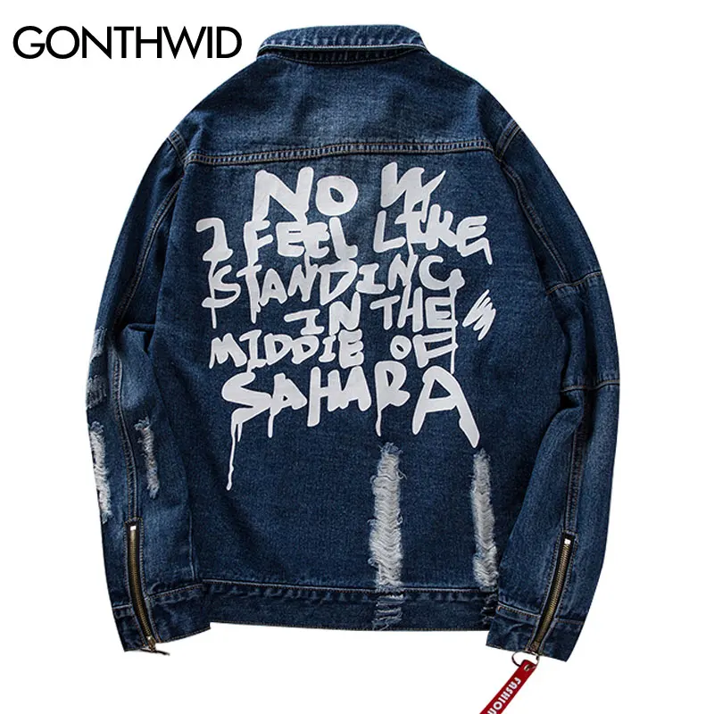 

GONTHWID Distressed Ripped Denim Jacket Mens Hip Hop Printed Denim Jackets Male Fashion Ribbon Jeans Coats Streetwear Black Blue