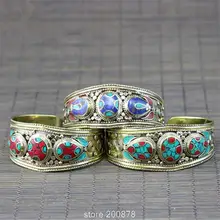 Joyería Tibetana India BB-432 colorida Bohemia de moda brazalete De Metal con incrustaciones de latón turquesa Coral brazalete de Nepal joya