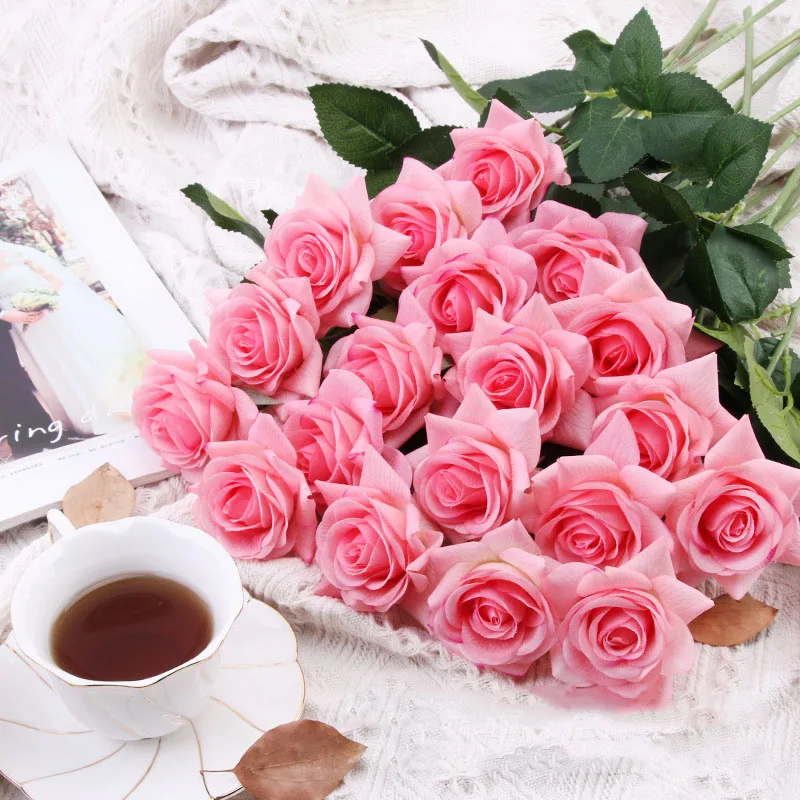 Flone Artificial Silk Really Touch Moisturizing Blue Rose Flower Branch Pink White Red Rose For Wedding Wall Home Decoration Art (78)