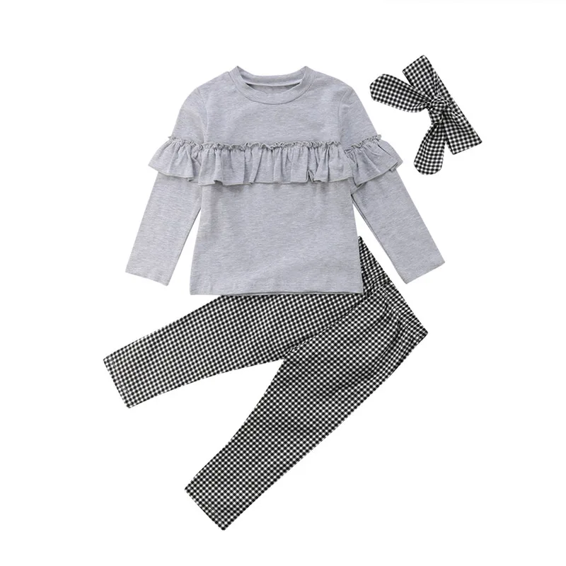 Toddler Kids Baby Girl Grey Ruffle T Shirt Tops White Black Plaids Pants Leggings 3Pcs Headband Outfits Clothes Set | Детская одежда и