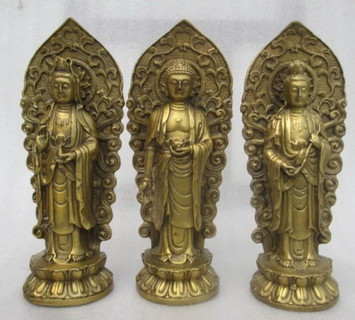 

20CM 3 PCS Chinese Bronze Western 3 Gods Shakyamuni Kwan-yin Western Buddha Statue (A0314)