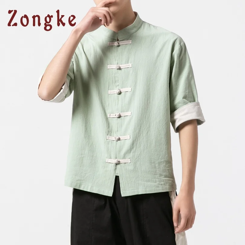 Green Zongke, китайский стиль, короткий рукав, летняя, винтажная, мужская, модная, уличная, мужская рубашка, короткий рукав, блузка, мужские рубашки, 5XL - Цвет: Green