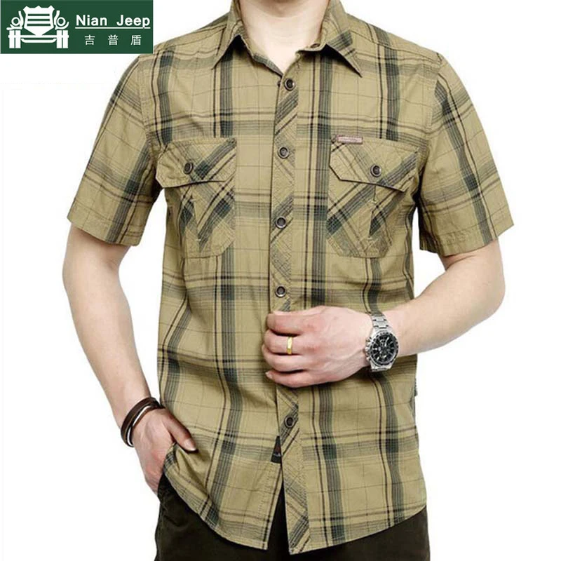  Brand Army Military Style Shirt Men 2018 Summer 100% Cotton Plaid Short Sleeve Mens Shirts Plus Siz
