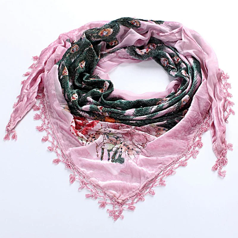 Розовый Новый женский шелк велюр треугольная вышивка цветок шаль шарф с павлином ручной работы бусины Блестки 155x75 см 112318