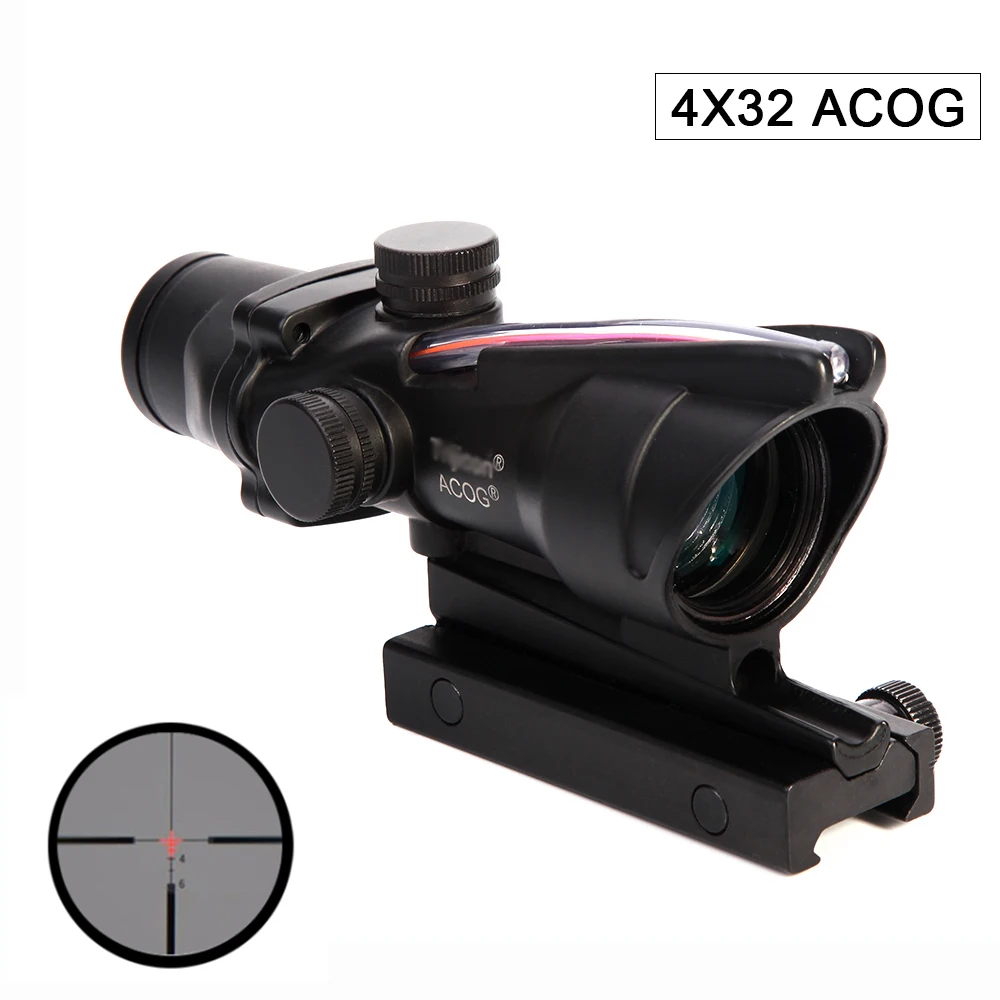 

Tactical ACOG 4x32 Red Dot Fiber Optical Hunting Scopes Sight Riflescope Fits 20mm Rail Mount Reticle Airsoft Collimator Sight