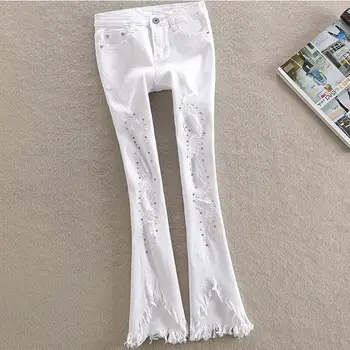 

plus size 25-31!2018 new fashion Women Tassels high waist flare pencil jeans drill Women jeans