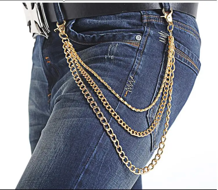 

zalzyywb Men's Solid Metal Three Layers Gun Link Rocker Long Jeans Chains Two Skulls Joint Heavy Punk Hip-hop Waist Chain