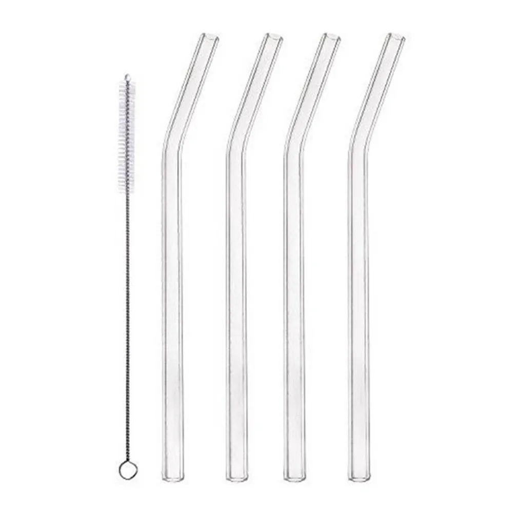 

4PCS new Clear Bent Glass Tube Reusable Water Juice Milk Drinking Straw Sucker + 1PC Cleaning Brush for Wedding Birthday Party