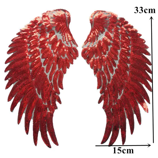 2 шт. золотые, серебряные, Радужные Блестки, перо, крылья ангела, пришить железные нашивки 33 см для платья, джинсов, рубашки, DIY Аппликации, украшения - Цвет: Red