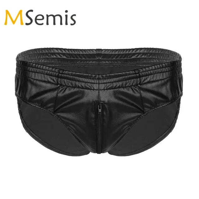 Mens Lingerie Gay Underwear Faux Leather Panties Zipper Crotch High Cut