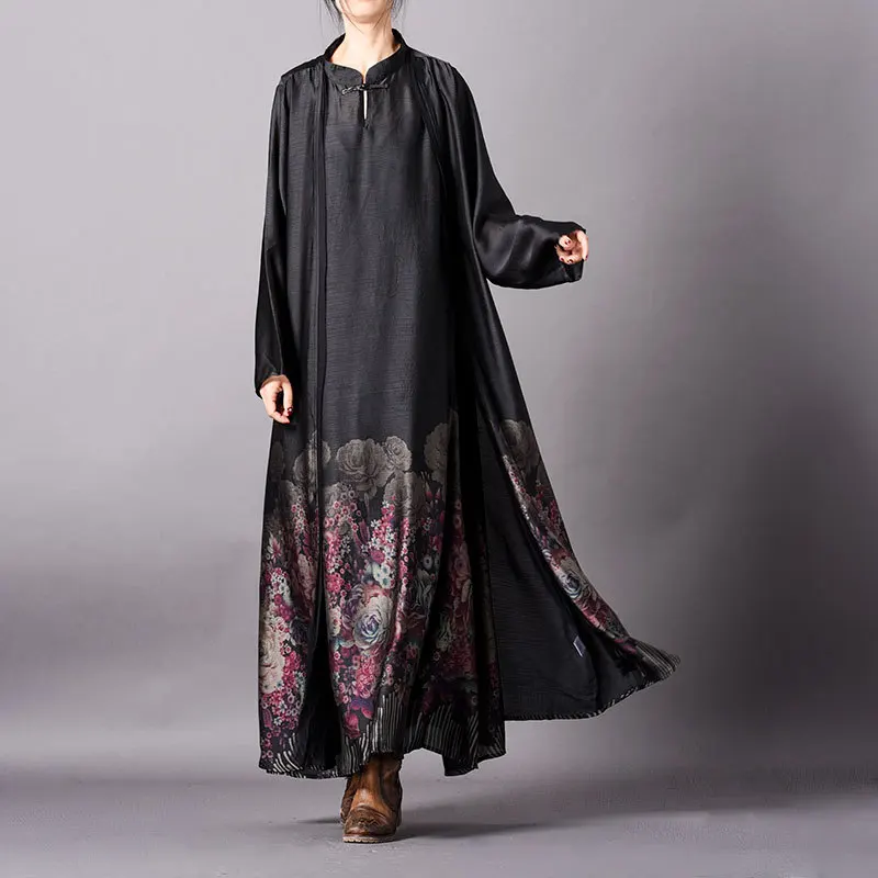 Женское весенне-летнее платье без рукавов+ длинная верхняя одежда, Женское пальто с принтом, платье на бретелях+ длинное пальто с принтом, комплектов - Цвет: black