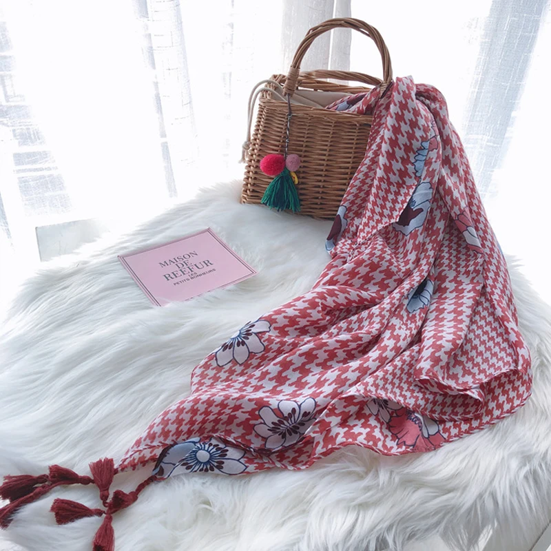 

Luna&Dolphin Women Fashion Cotton Linen Scarves 180x90cm Red Houndstooth Towel Wraps Bohemia Fresh Style Shawl Head Pashmina