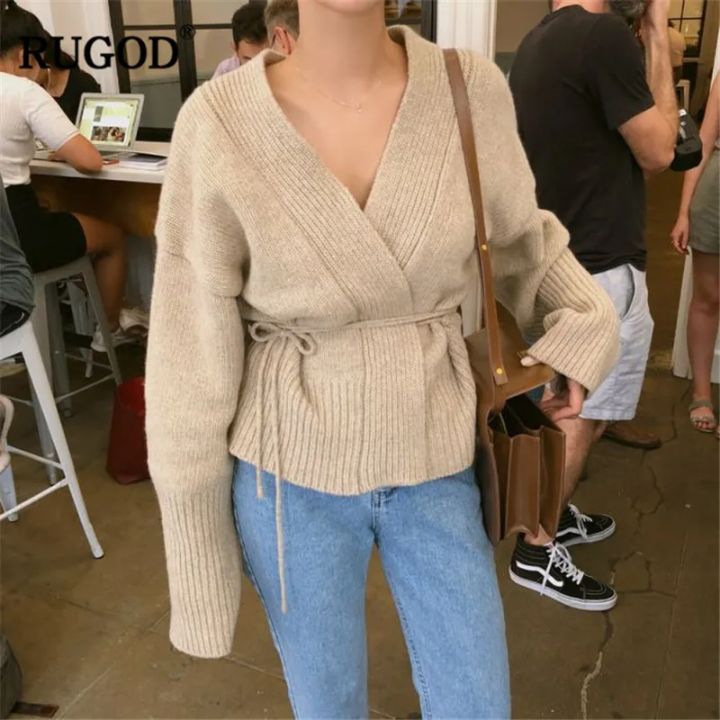 

RUGOD Solid Vintage Women Cardigans V-Neck Slim Casual Women Sweaters Knitted Autumn Winter Clothes pull hiver femme 2019