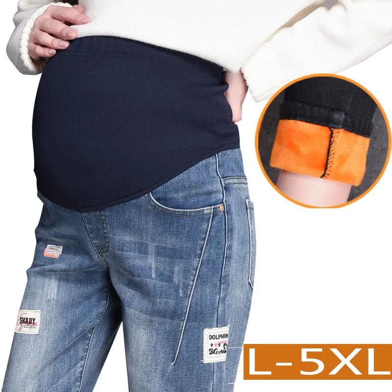 Новые модные зимние штаны для беременных; повседневные теплые джинсовые брюки для беременных; джинсы больших размеров; зимняя одежда для беременных женщин; L-5XL