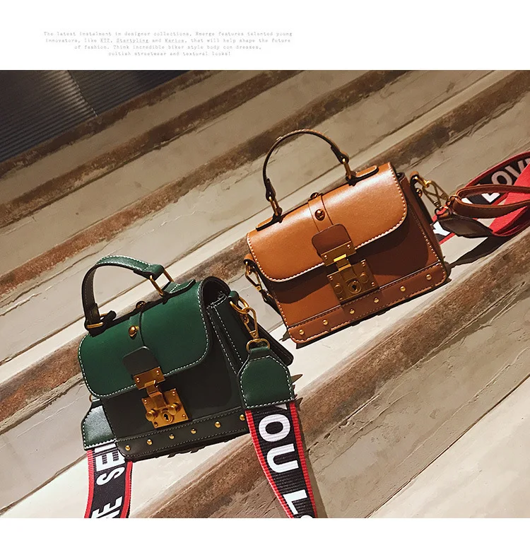 Women Vintage Leather Handbag Small Rivets Flap Shoulder Bag Colorful Wide Strap Crossbody Bag for Girls Green Brown Black Purse  (7)
