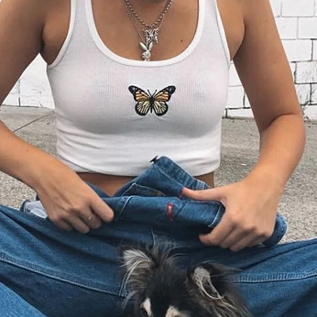 Женский сексуальный летний топ на бретелях с квадратным вырезом, модные топы с бабочкой и вышивкой, укороченный жилет с открытой спиной, Camisetas Tirantes Mujer C20